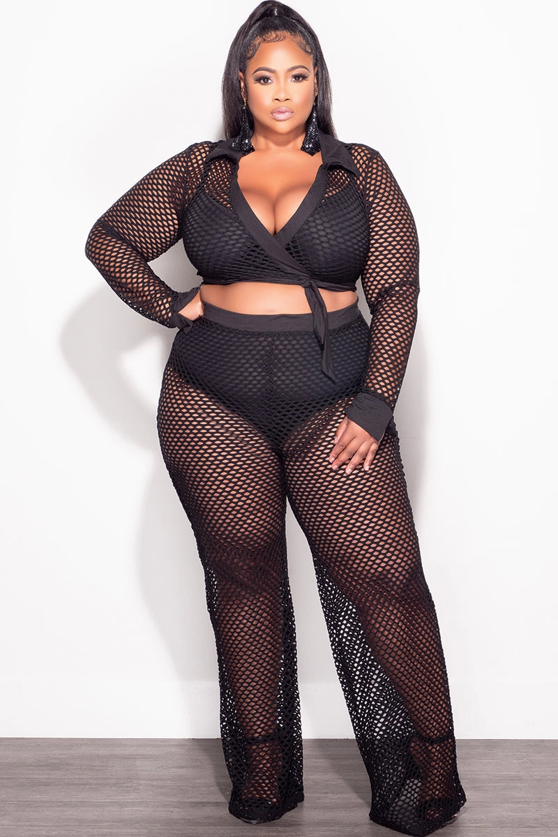 Final Sale Plus Size 2pc Fishnet Faux Wrap Tie Top and Pants Set in Black FadeResistantTreatment