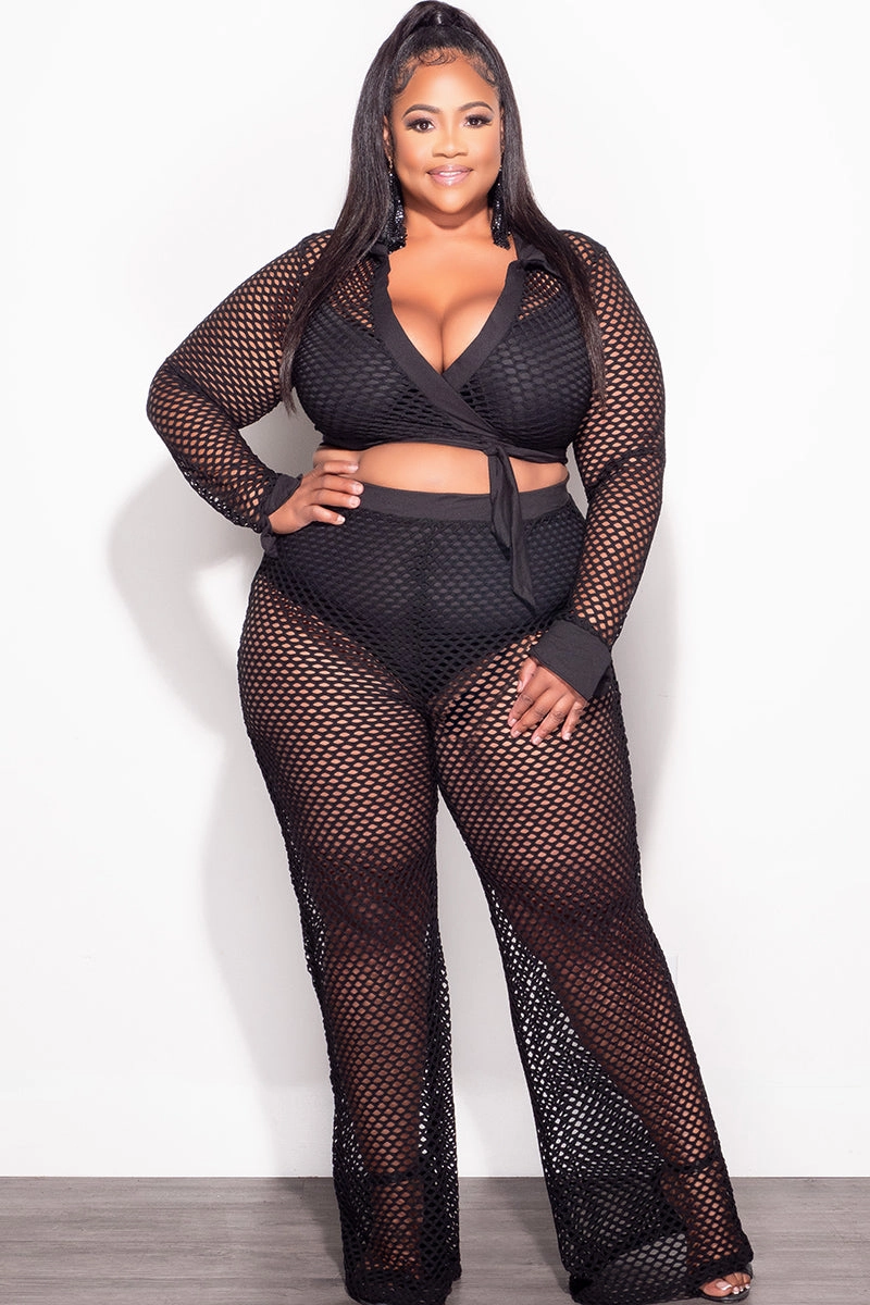 Versatile Waist Flexible Movement Final Sale Plus Size 2pc Fishnet Faux Wrap Tie Top and Pants Set in Black