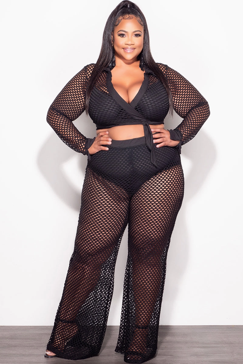 Final Sale Plus Size 2pc Fishnet Faux Wrap Tie Top and Pants Set in Black Recycled Polyester Blend Mid Rise