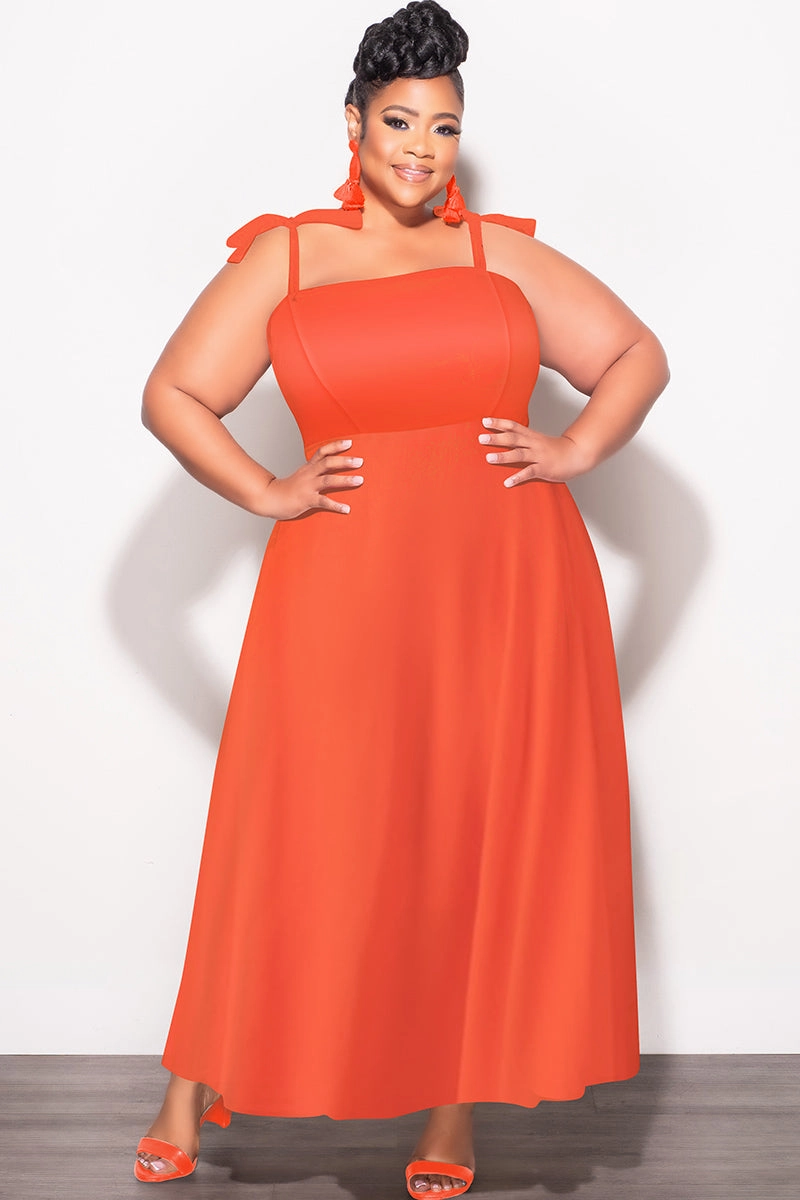 Final Sale Plus Size Self Tie Strap Light Weight  Linen Blend  Dress in Coral Orange Premium Quality