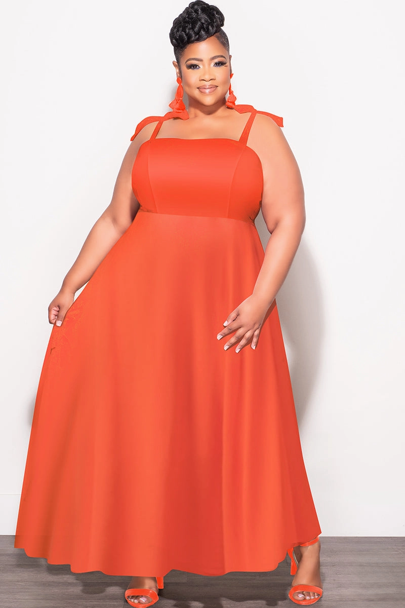 Final Sale Plus Size Self Tie Strap Light Weight  Linen Blend  Dress in Coral Orange Adaptable Fit Double Stitched