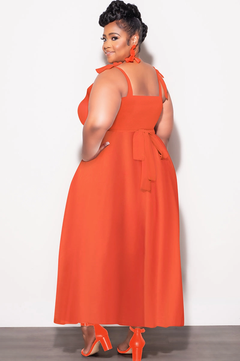 Casual Comfort Wear Smart Style Final Sale Plus Size Self Tie Strap Light Weight  Linen Blend  Dress in Coral Orange