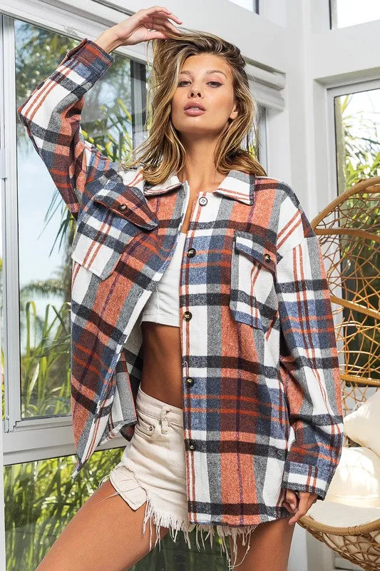 Textured Flannel Over Shirt with Big Checkered Point