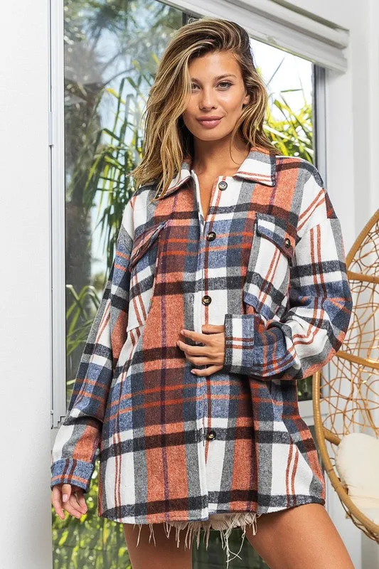 Textured Flannel Over Shirt with Big Checkered Point