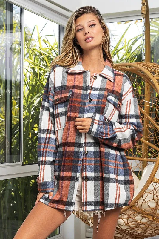 Textured Flannel Over Shirt with Big Checkered Point