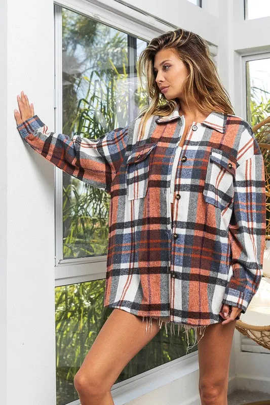 Textured Flannel Over Shirt with Big Checkered Point