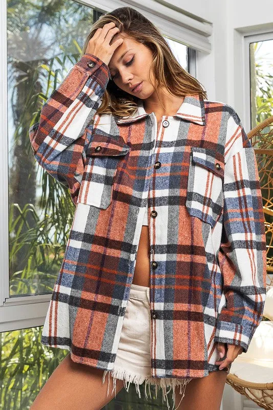 Textured Flannel Over Shirt with Big Checkered Point