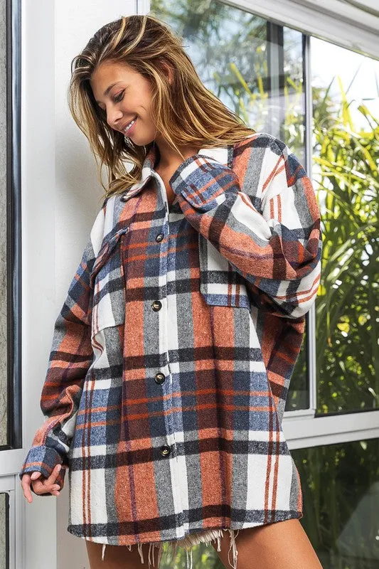 Textured Flannel Over Shirt with Big Checkered Point