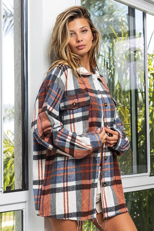 Textured Flannel Over Shirt with Big Checkered Point