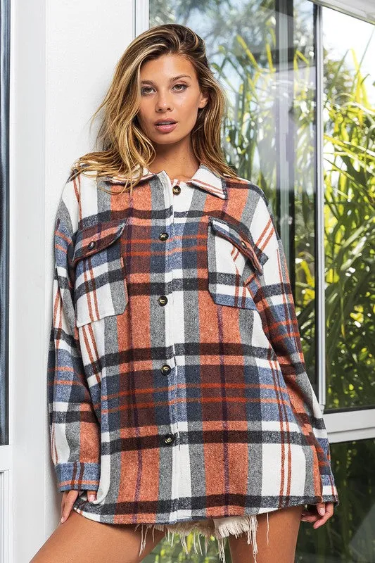 Textured Flannel Over Shirt with Big Checkered Point
