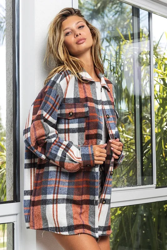 Textured Flannel Over Shirt with Big Checkered Point