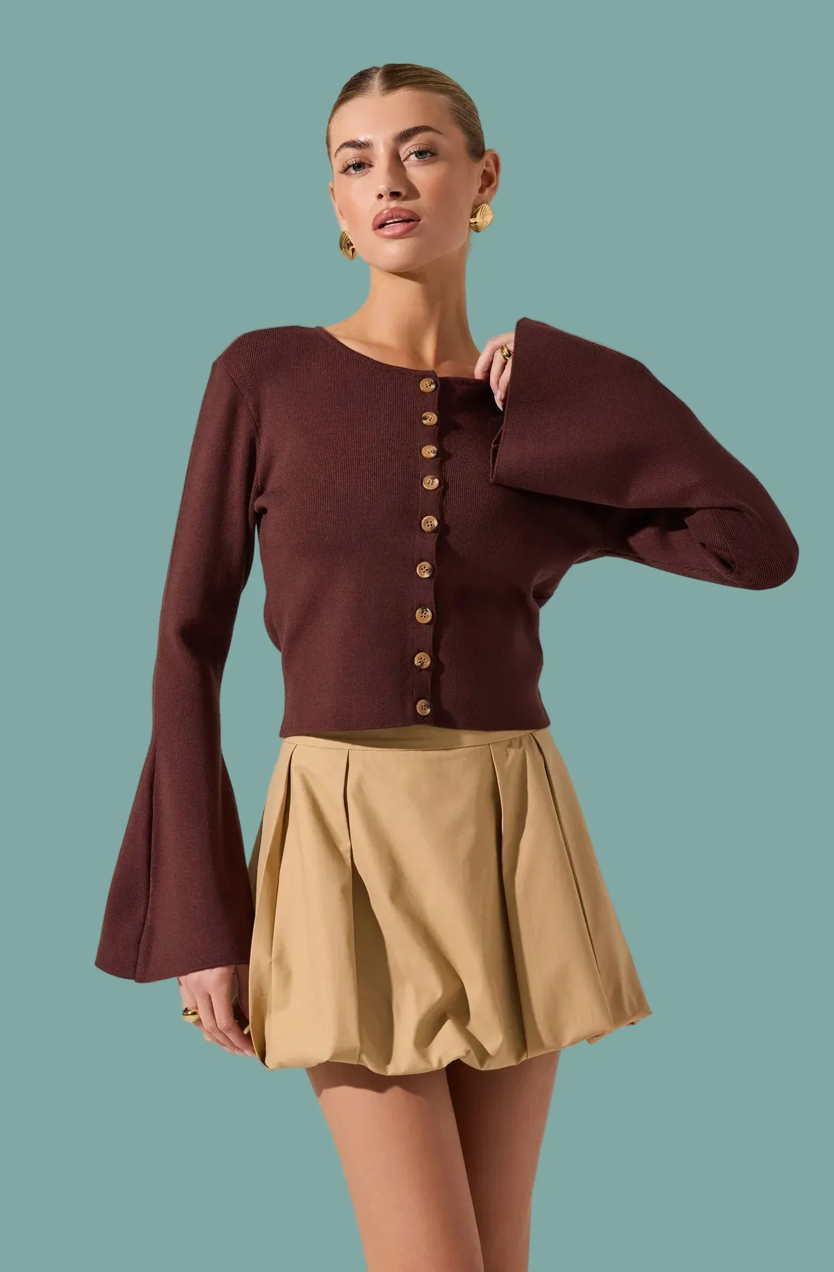 DenseKnit Fabric Natural Fiber Blend Nylah Bell Sleeve Cardigan