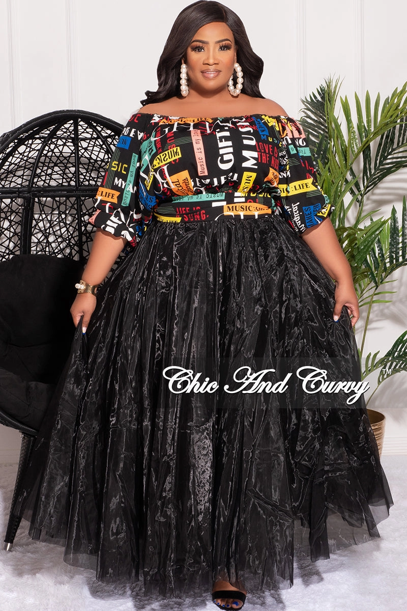 Perfect Design Slim Look Final Sale Plus Size Off the Shoulder Top in Black Multi Color Pop Art Print (Top Only)