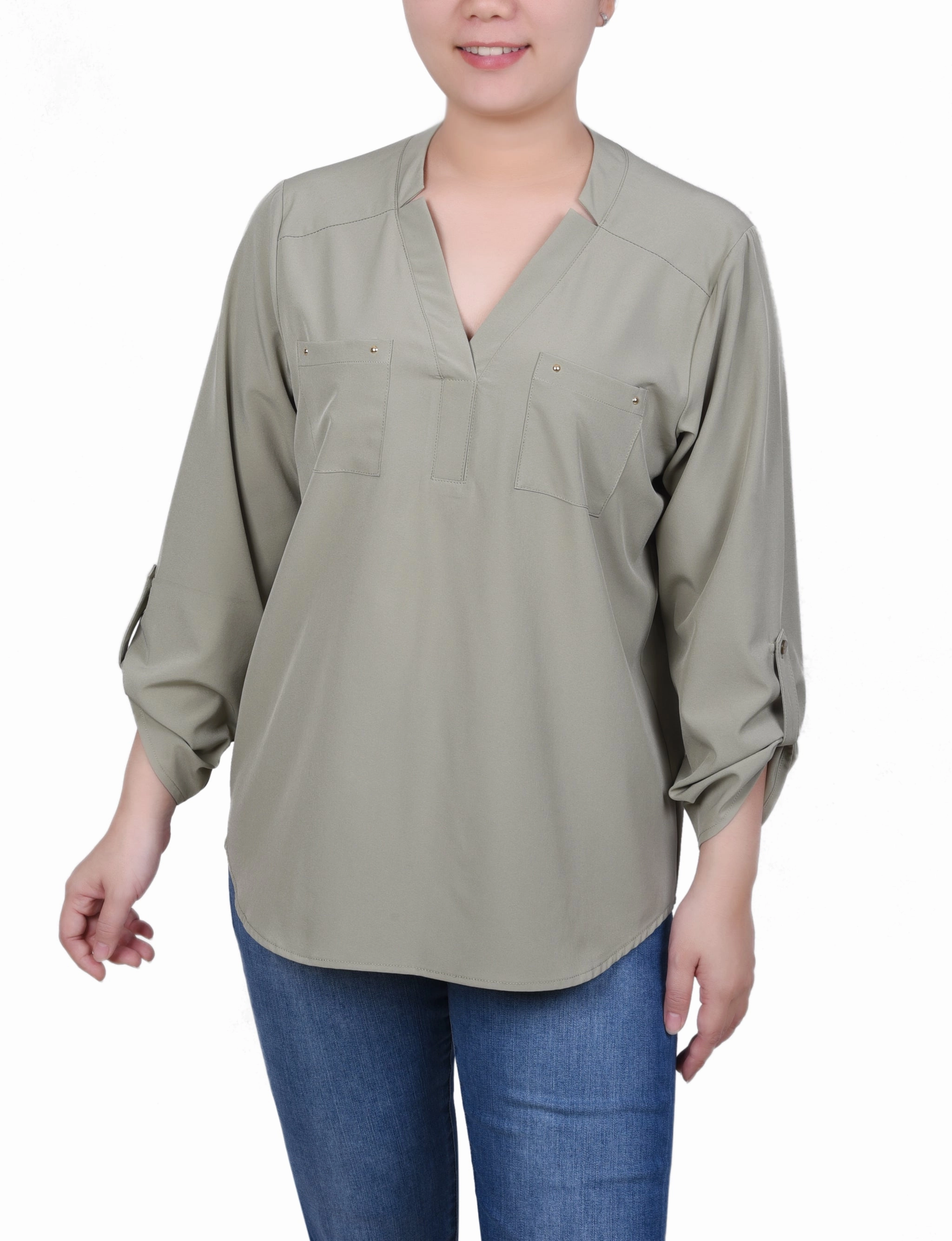 Roll Tab Sleeve Blouse with Pockets ButterSoftTexture