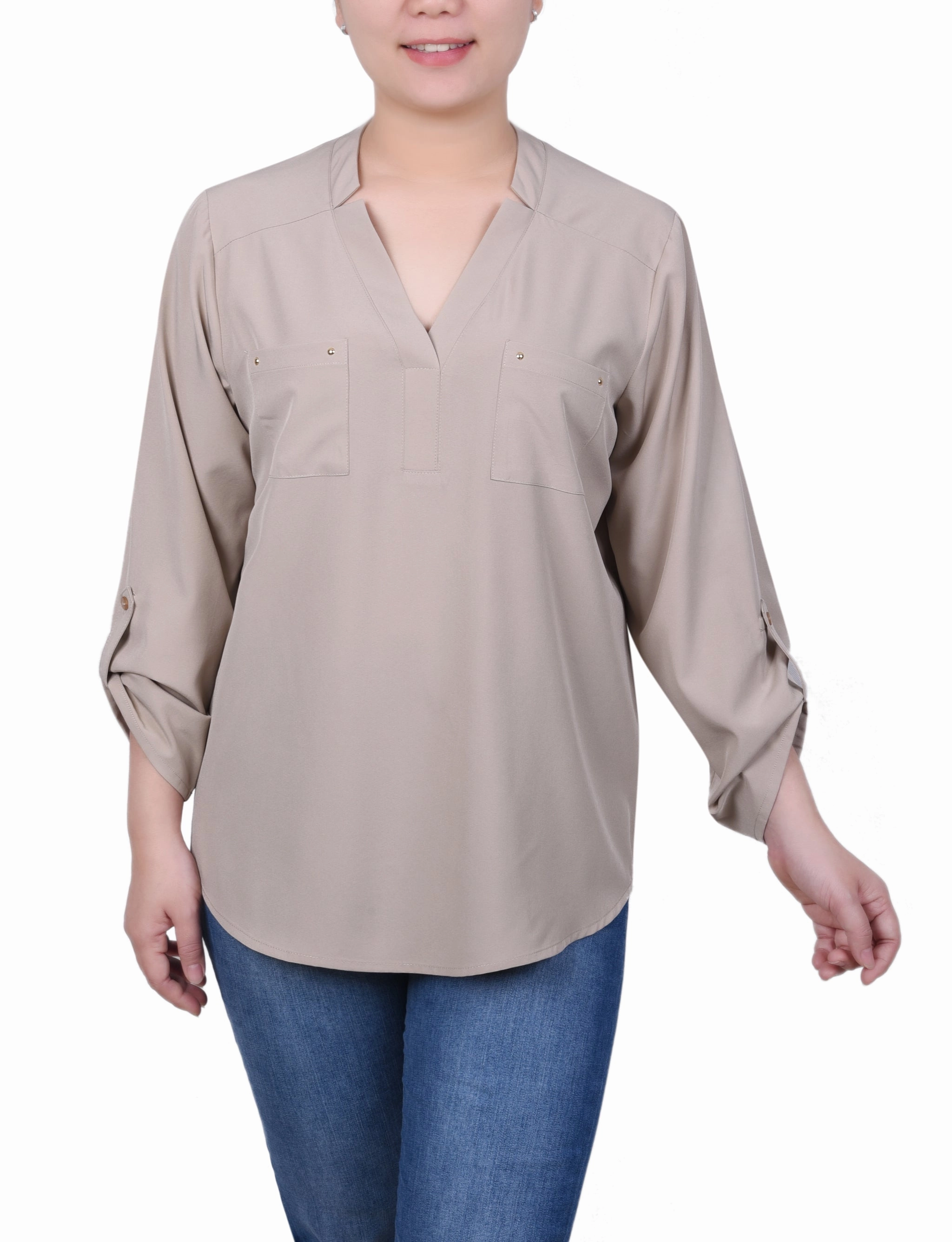 FourWayStretch Roll Tab Sleeve Blouse with Pockets