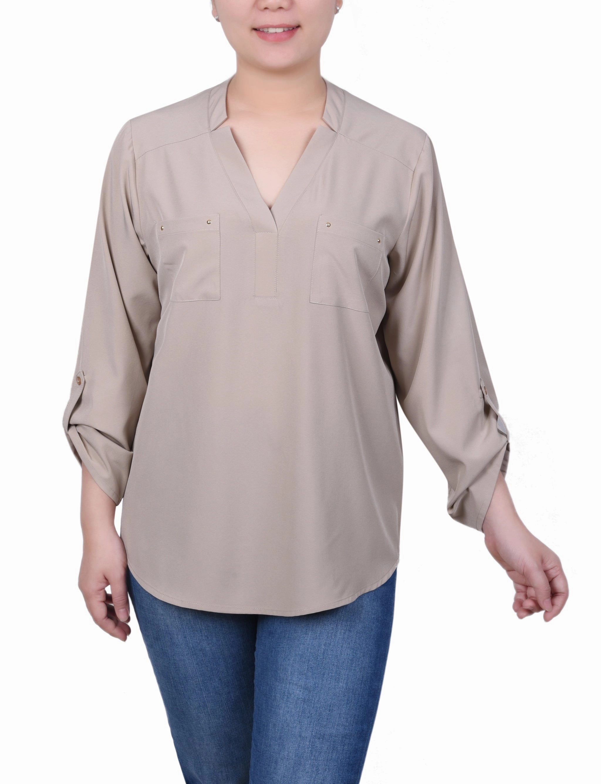 Comfy Layer Roll Tab Sleeve Blouse with Pockets