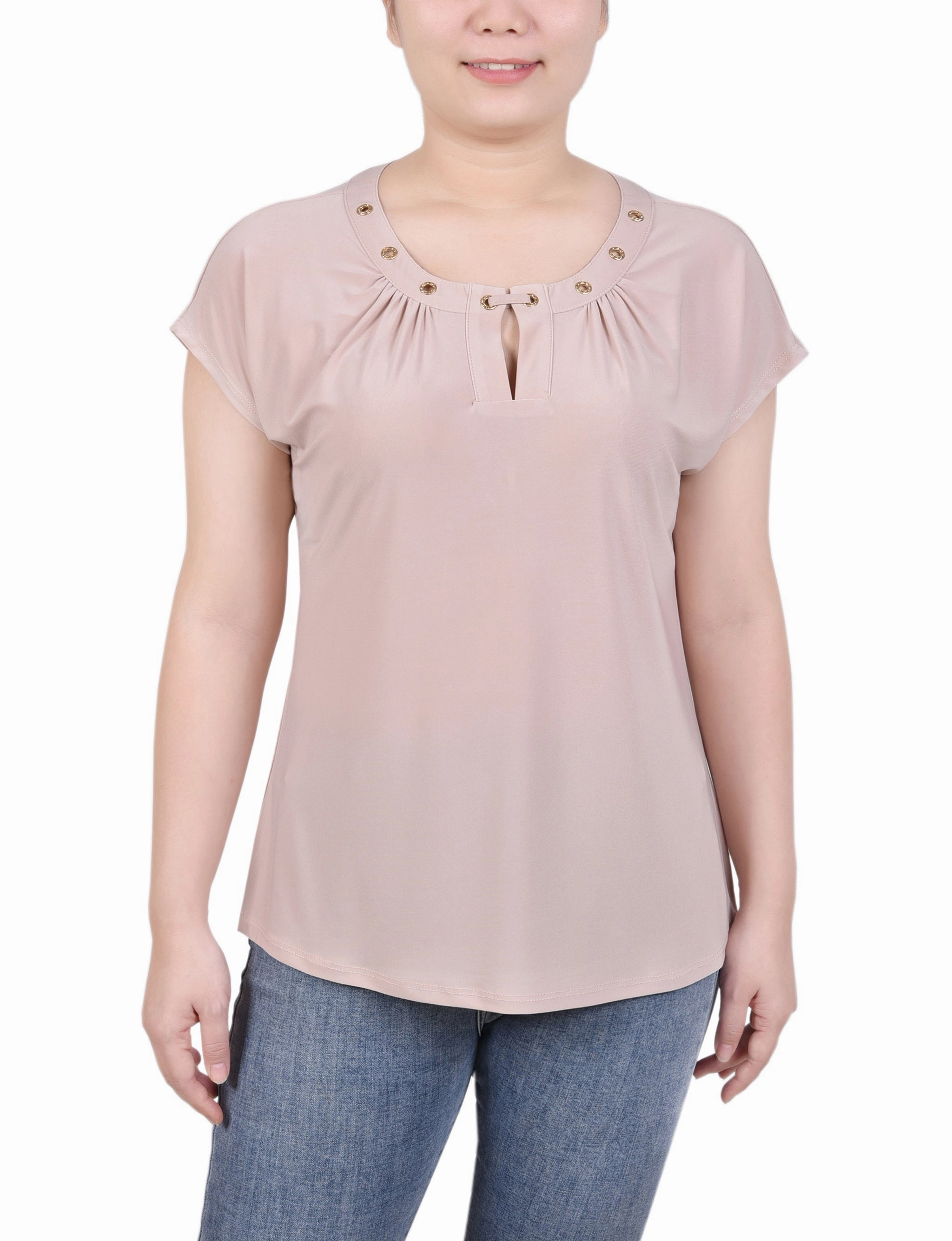 Short Extended-Sleeve Grommet Neck Knit Top Breathable Linen Blend