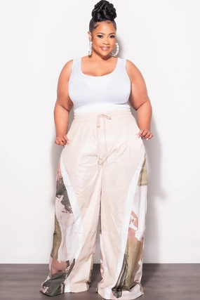 Final Sale Plus Size Oversized Windbreaker Wide Leg Pants in Tan and Green Comfortable Movement