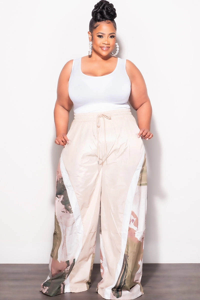 Final Sale Plus Size Oversized Windbreaker Wide Leg Pants in Tan and Green Comfortable Movement