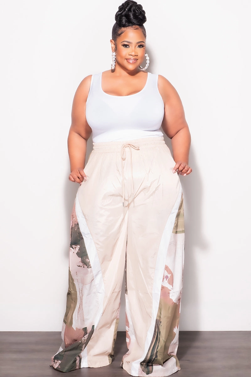 Final Sale Plus Size Oversized Windbreaker Wide Leg Pants in Tan and Green Fashion-Forward