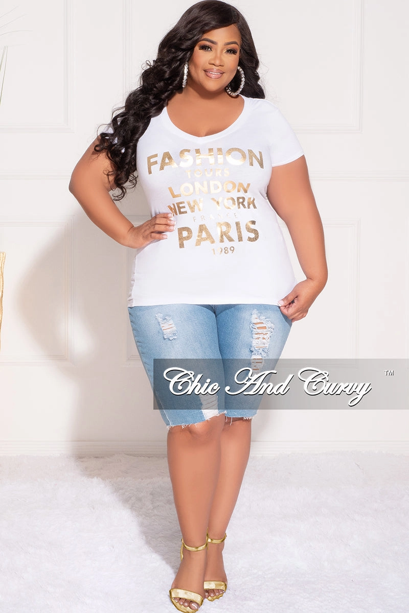 Final Sale Plus Size "Fashion Tour" T-Shirt in White and Gold Packable design