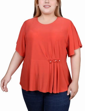 Soft touch finish Plus Size Flutter Sleeve Flower-Detail Top
