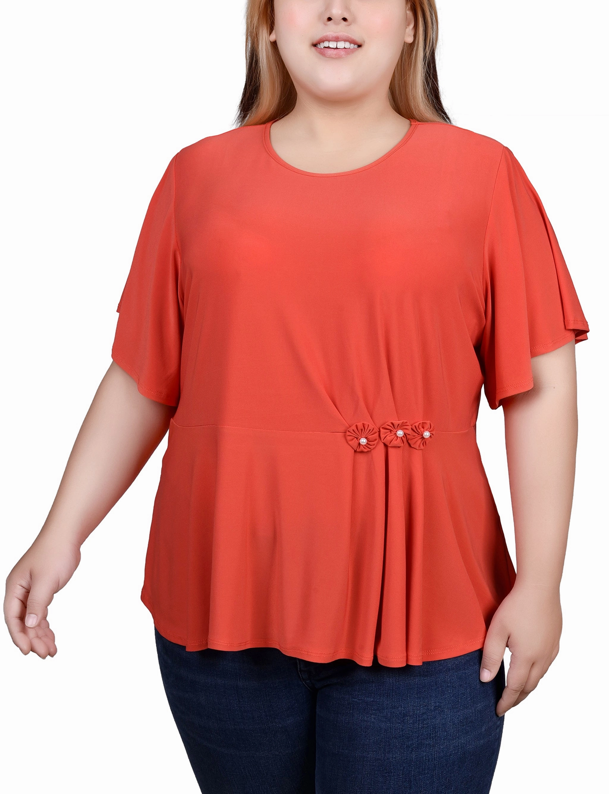 Loose Blouse Plus Size Flutter Sleeve Flower-Detail Top