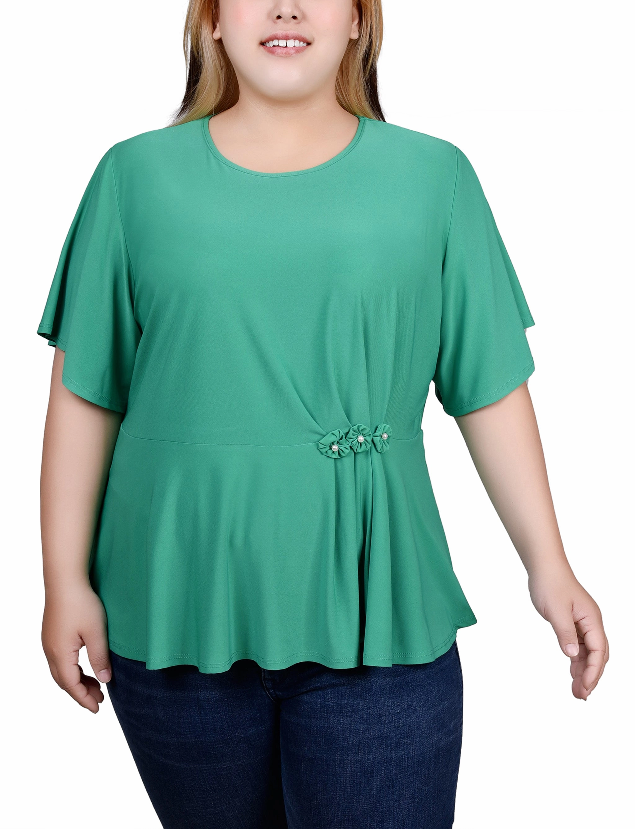 Midweight Four Way Stretch Scoop Neck Shape Plus Size Flutter Sleeve Flower-Detail Top