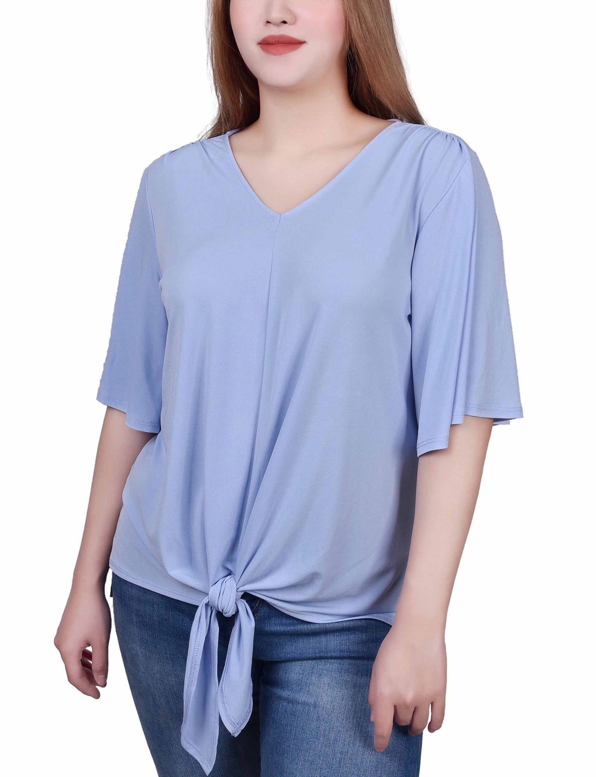 MinimalistCut PlushLining Petite Elbow Sleeve Tie-Front Top