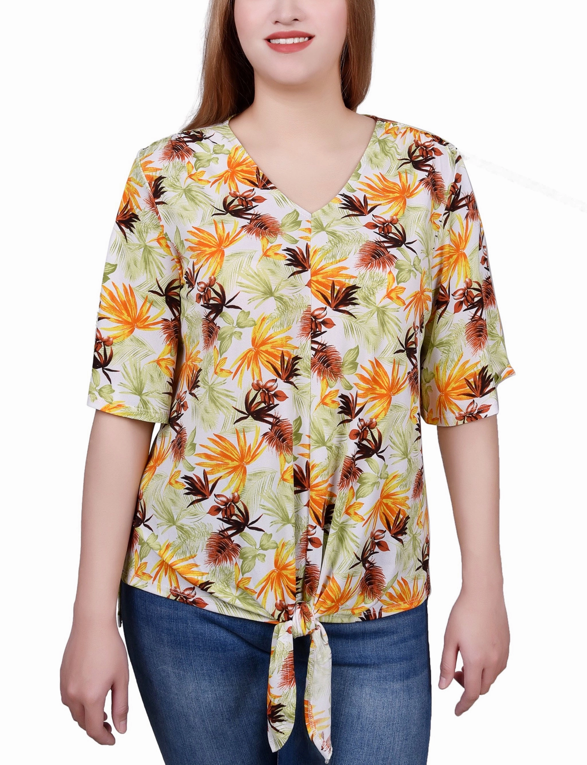 Petite Elbow Sleeve Tie-Front Top FlexFit Technology V Neck Design