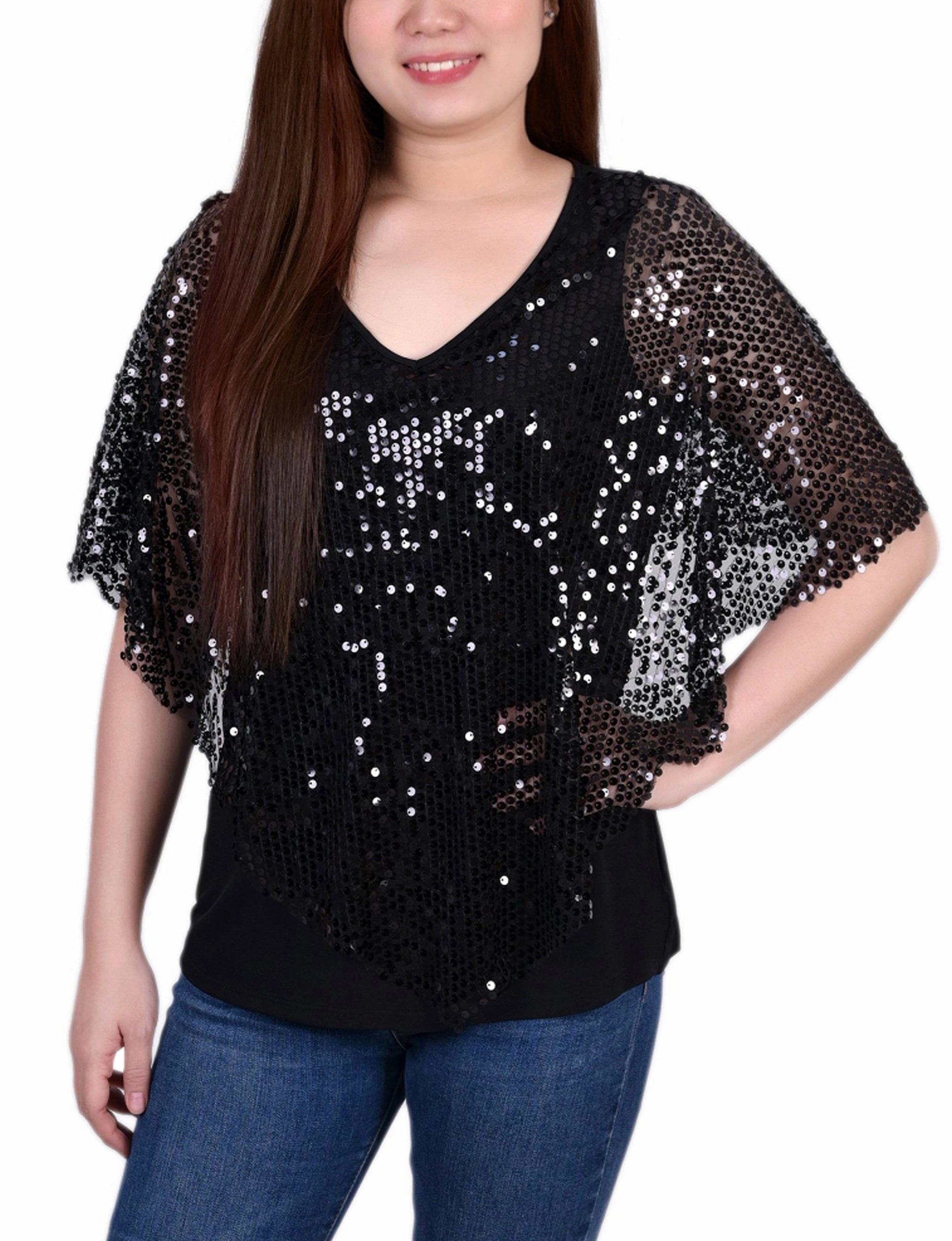 Stretchable Blend Sequin-Front Poncho