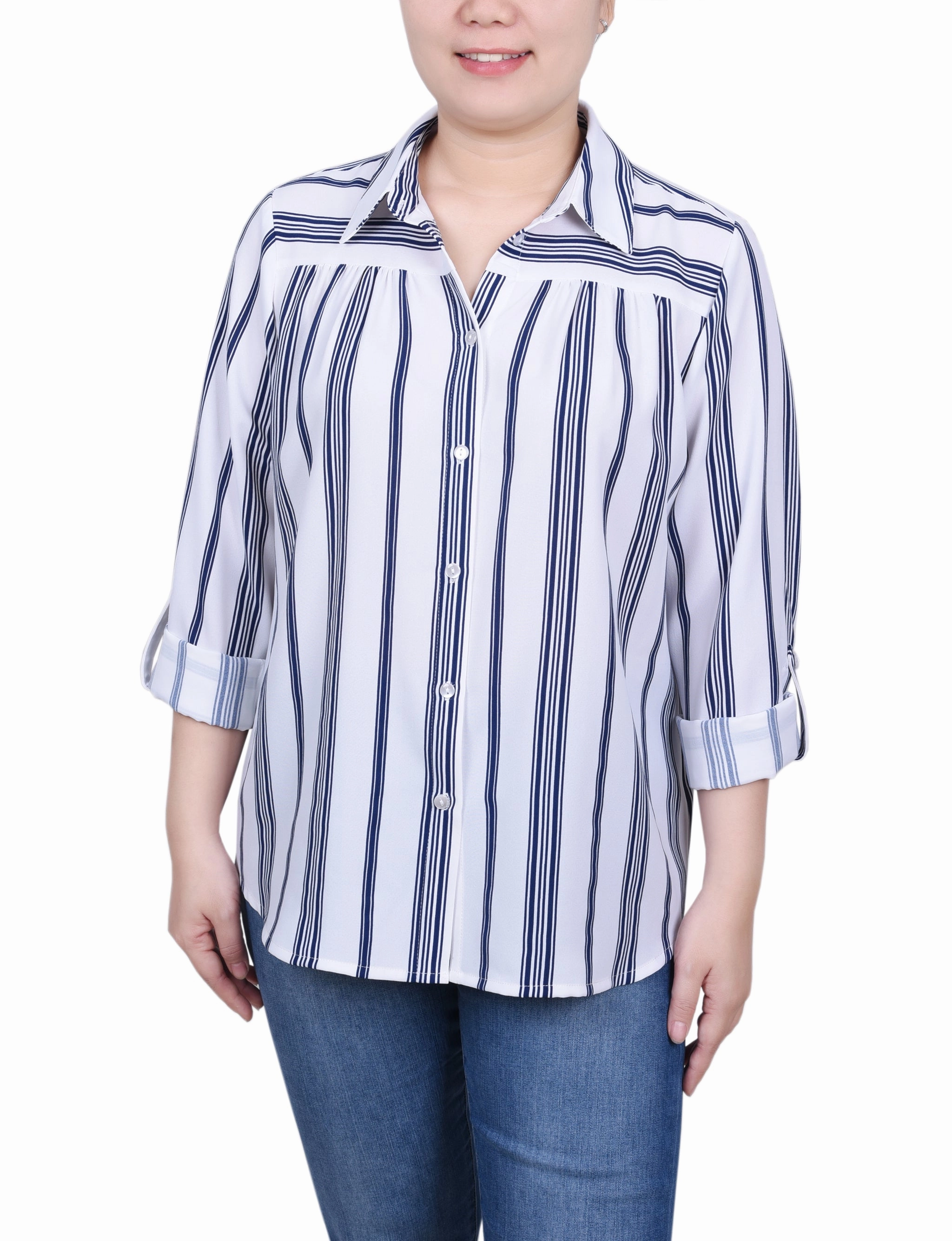 Reinforced Hem Stitching Long Roll Tab Sleeve Blouse