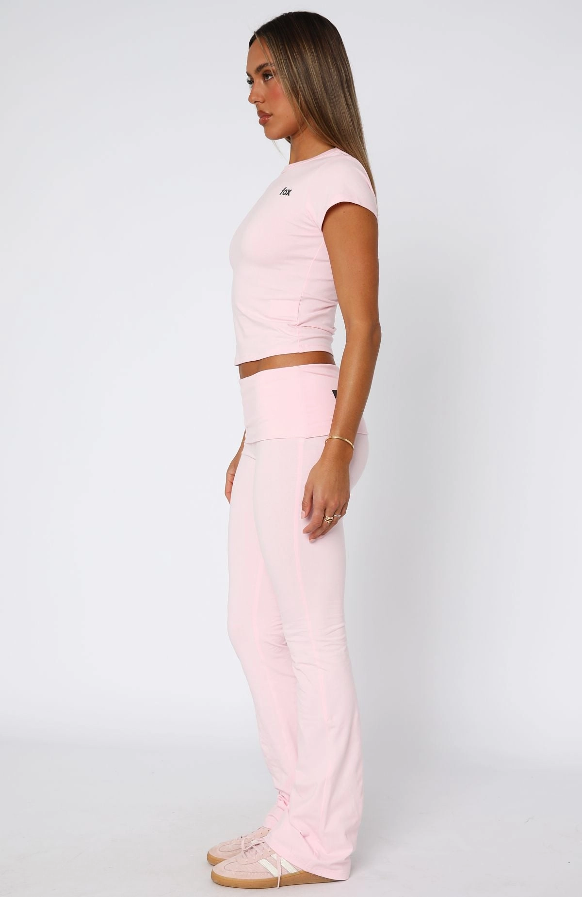 From The Archives Gigi Fold Over Flare Pants Pink Compressed Stitch No Fuss