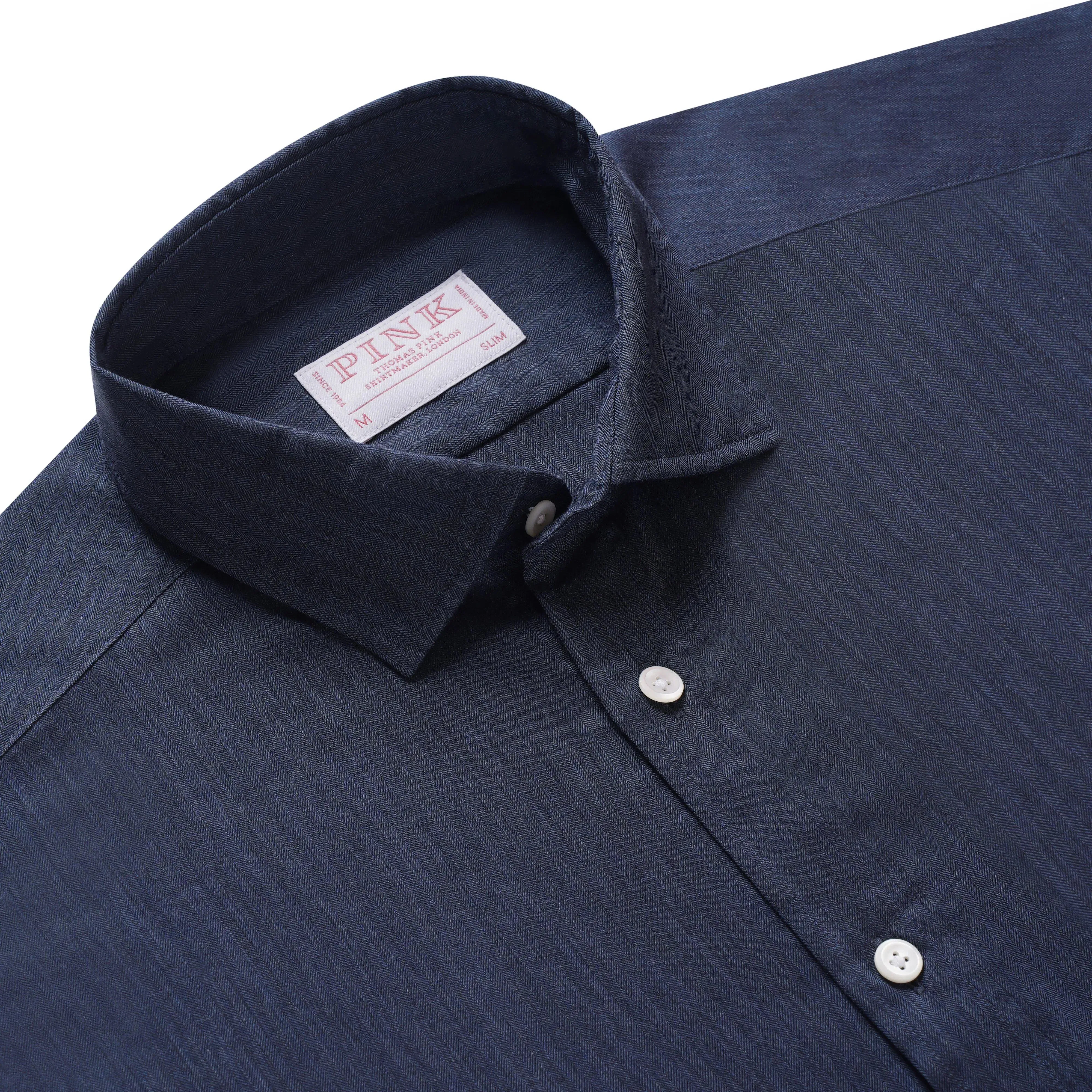 Thomas Pink Slim Fit Casual Tonal Herringbone Shirt Pale Grey/Grey