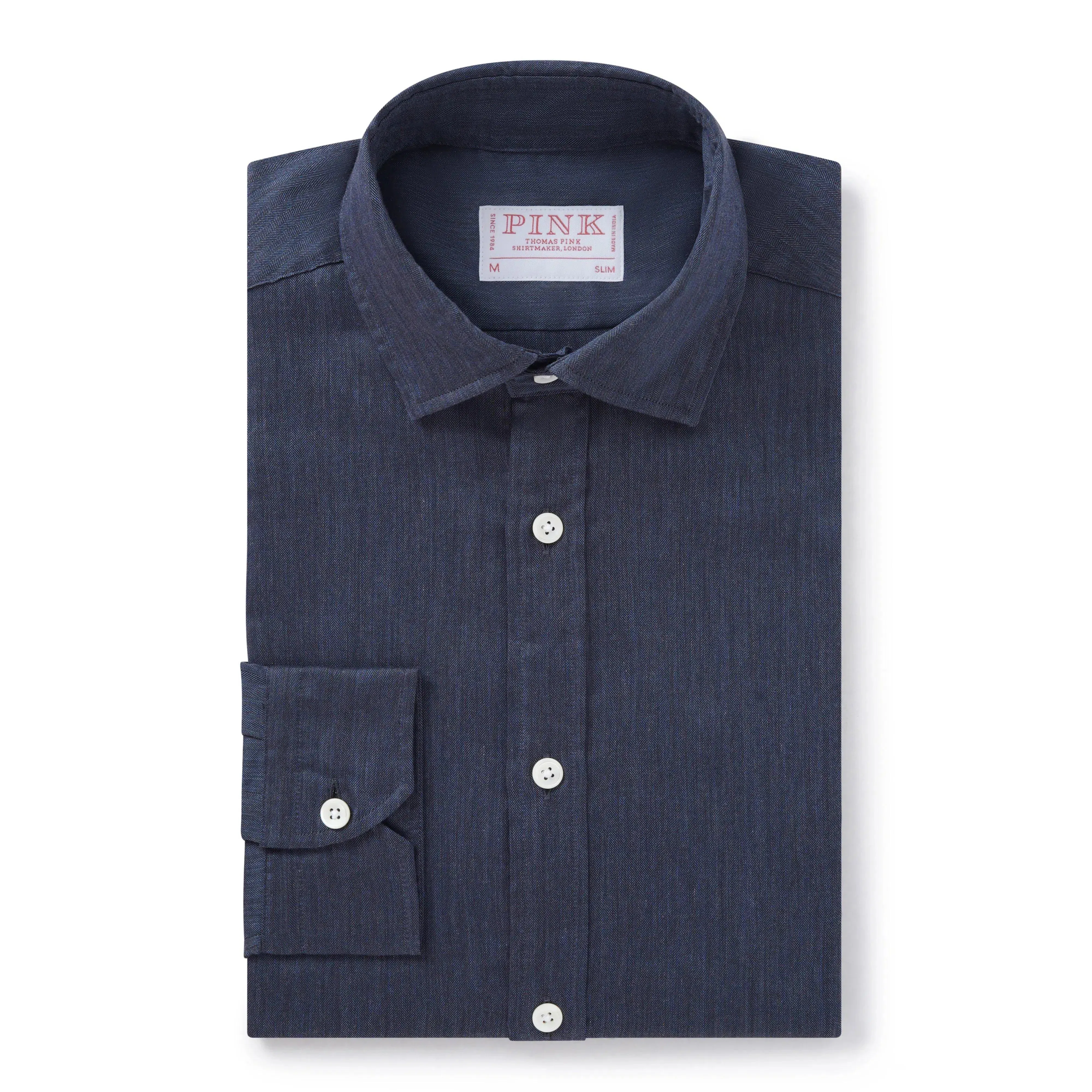 Thomas Pink Slim Fit Casual Tonal Herringbone Shirt Pale Grey/Grey