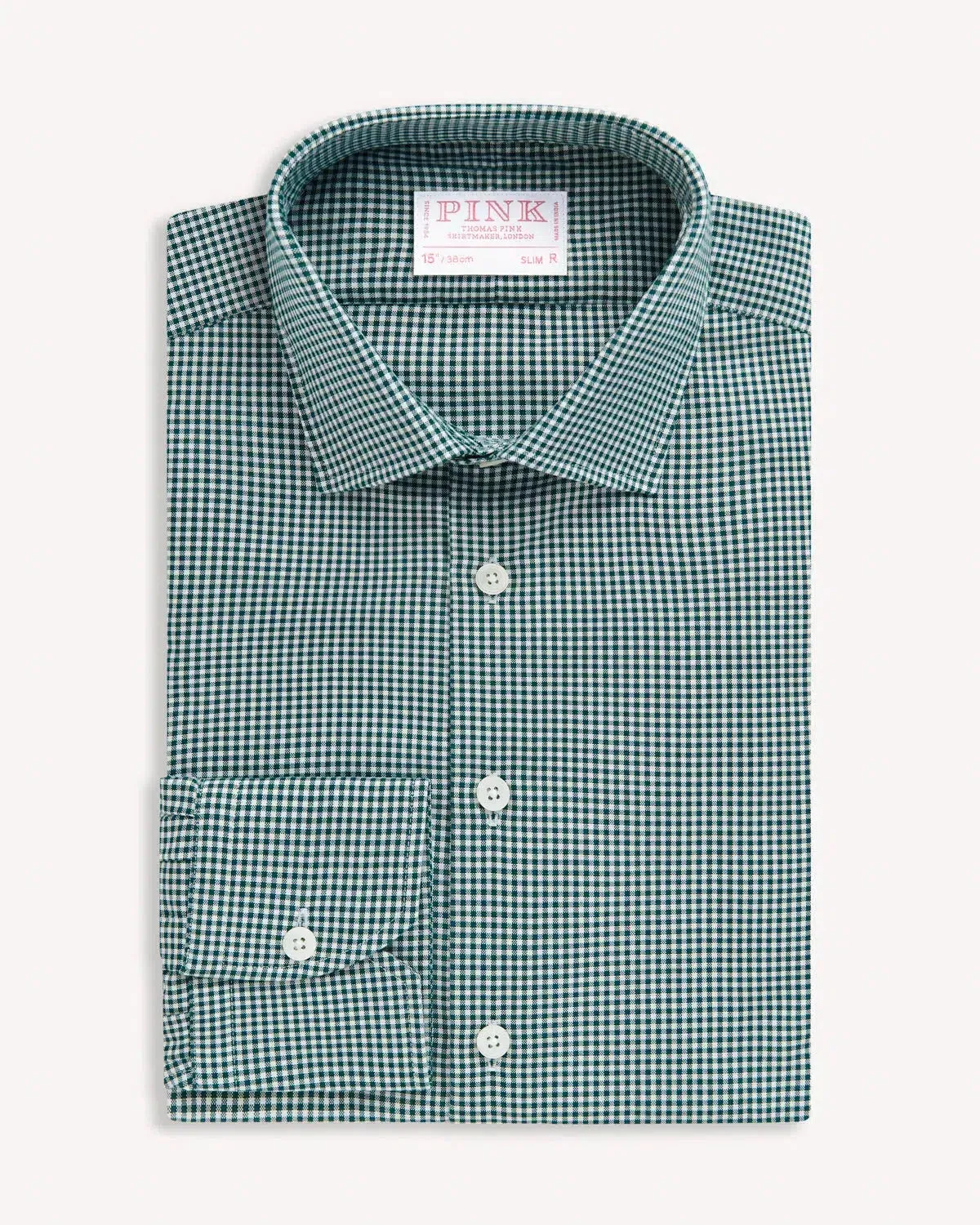 Thomas Pink Slim Fit Formal Micro Gingham Check Shirt Green/White