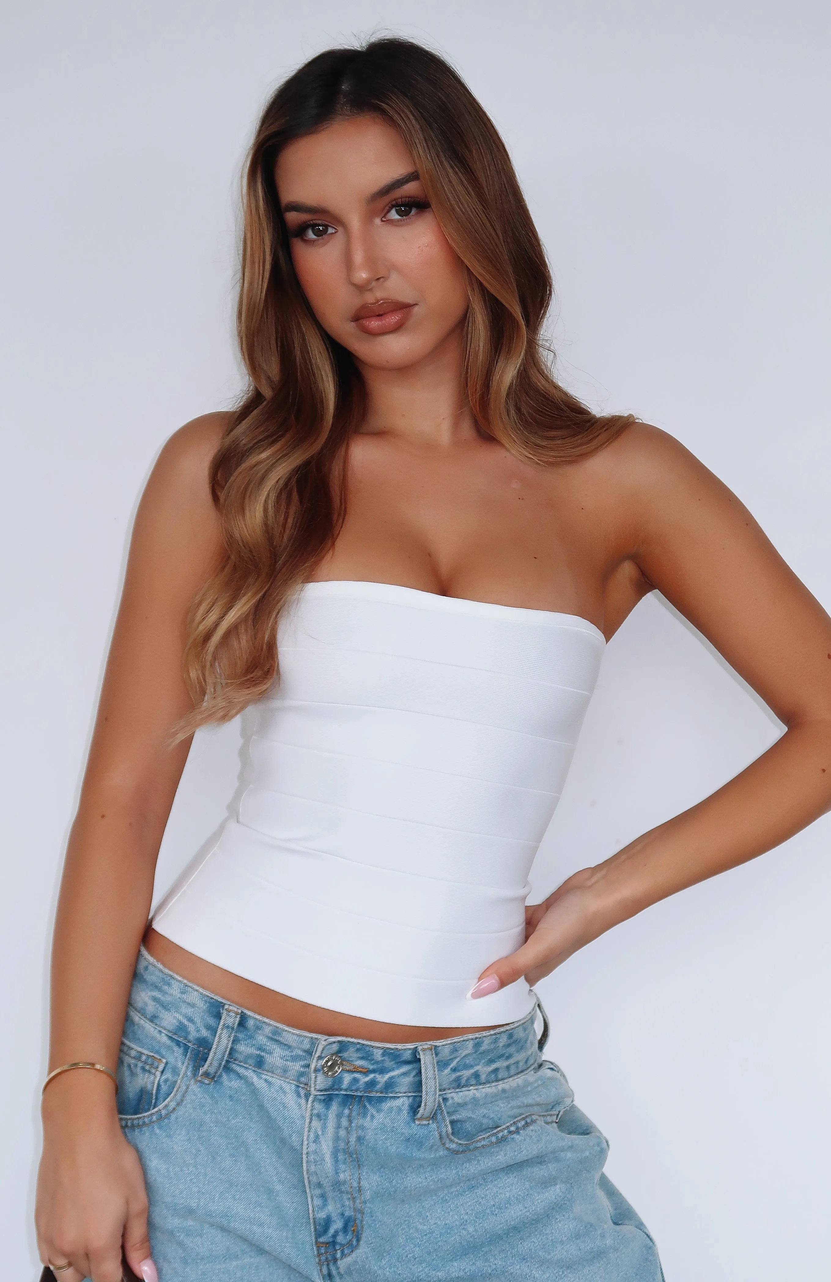 Thought I Was Dreaming Bandage Top White Flexible Waistband