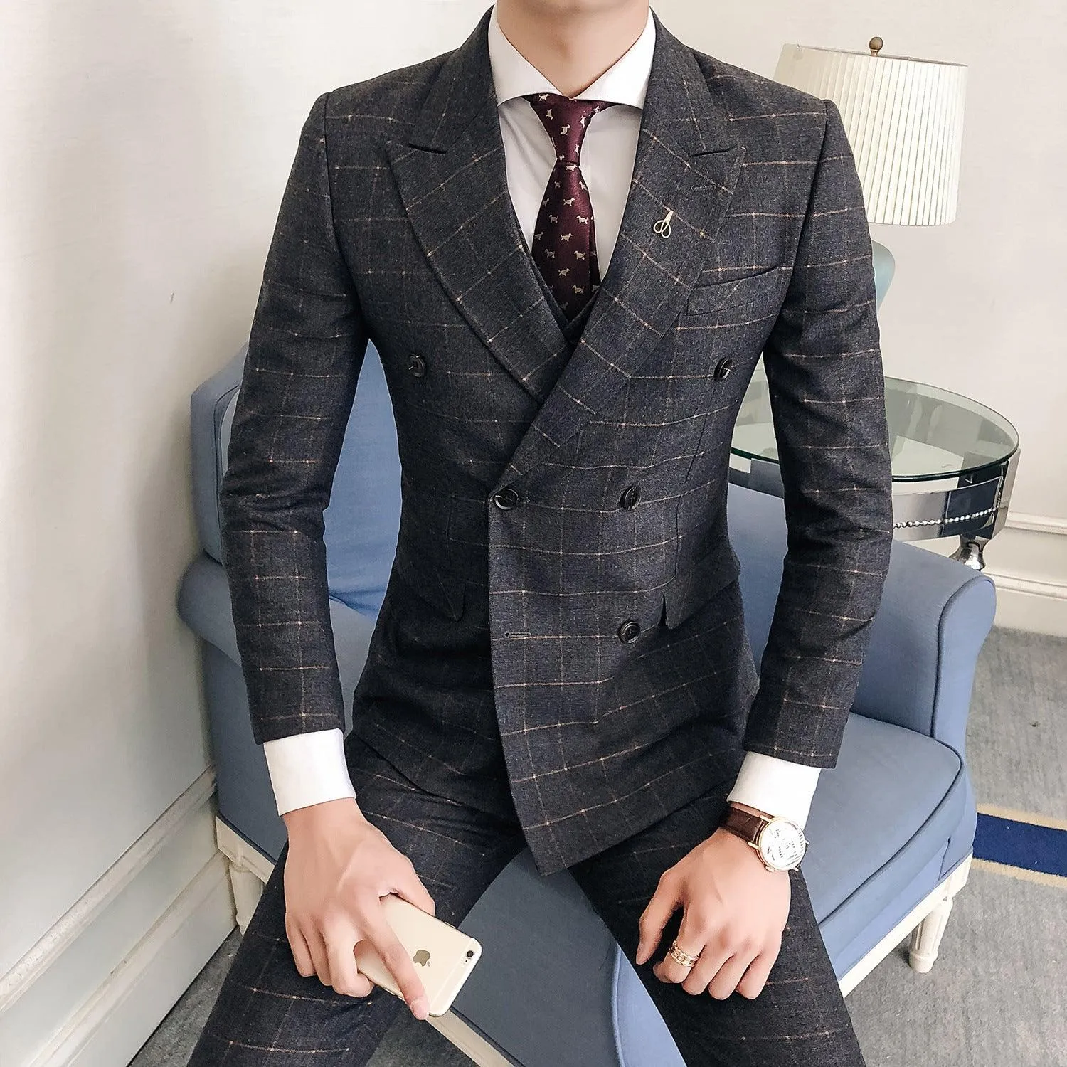 Three-Piece Korean Style Men's Plaid Slim Suit