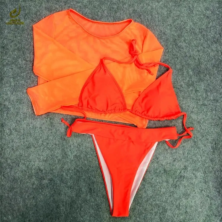 Three-Piece Plus Size Swimwear Set with Long-Sleeve Cover-Up