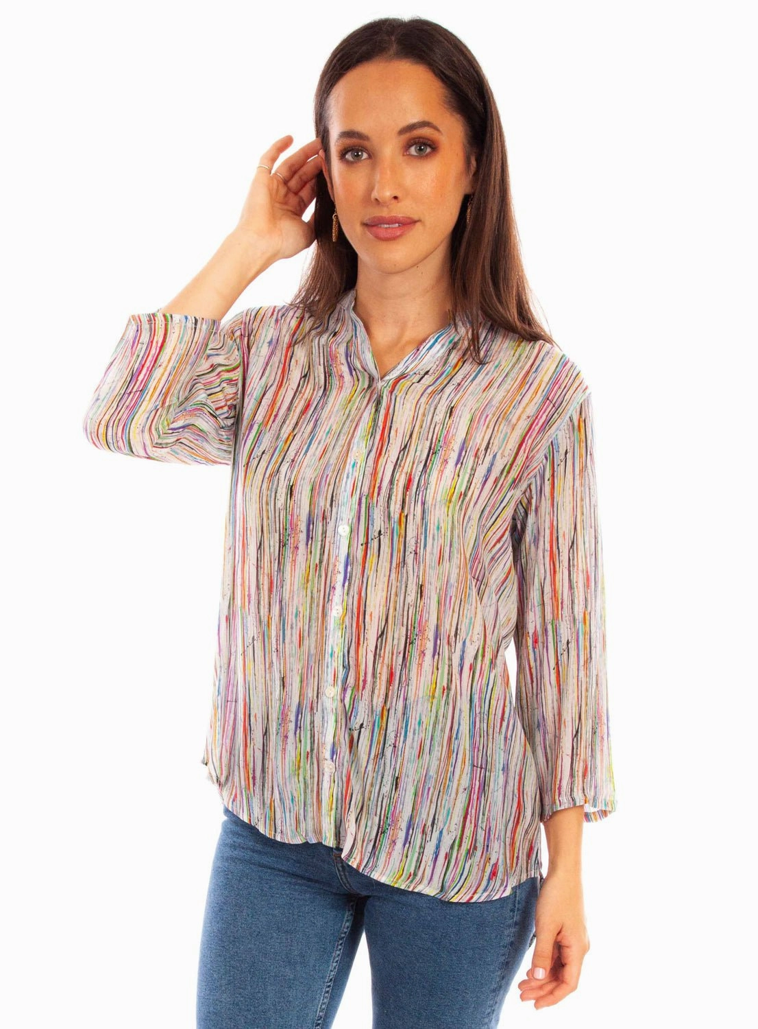 Advanced Moisture Management Streetwear Scully Womens Abstract Striped Multi-Color Viscose 3/4 Sleeve S/S Blouse