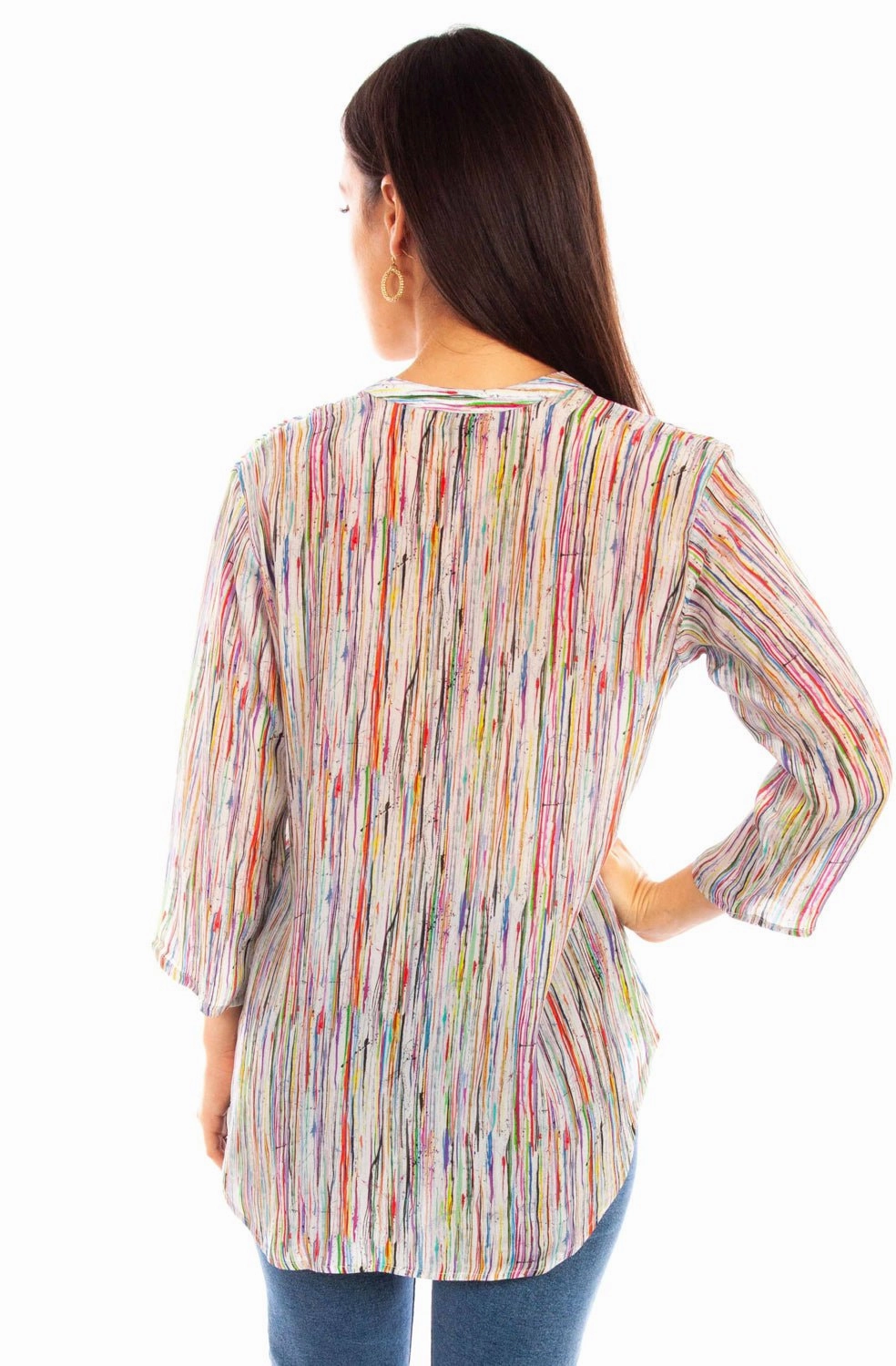 Simple Fit Scully Womens Abstract Striped Multi-Color Viscose 3/4 Sleeve S/S Blouse