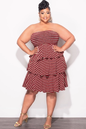 All-day Comfort Final Sale Plus Size Strapless Layered Ruffle Knit BodyCon in Red Black and Gold Stripe Print