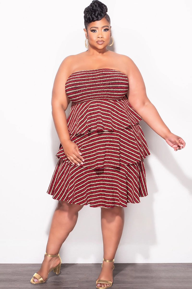 Final Sale Plus Size Strapless Layered Ruffle Knit BodyCon in Red Black and Gold Stripe Print Curved Waistline