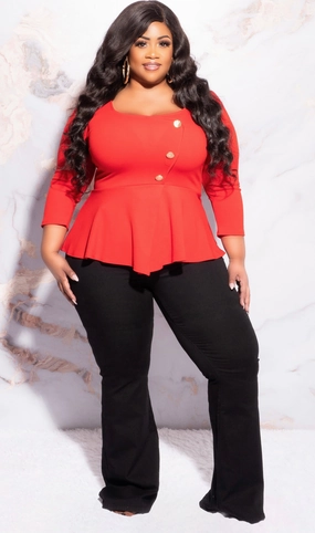 Fashionable Appeal Bold Design Final Sale Plus Size Button Peplum Top in Red