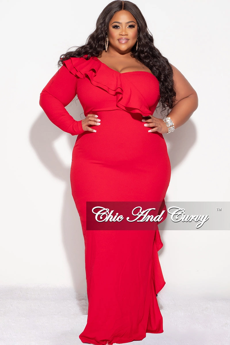 Thermal Lining GussetedCrotch Final Sale Plus Size One Shoulder Ruffle Trim Gown in Red