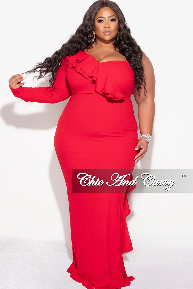 Full Flex Versatile Layering Final Sale Plus Size One Shoulder Ruffle Trim Gown in Red