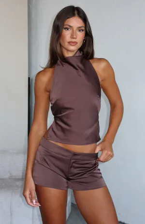 Time Passes Mini Shorts Chocolate Wide Leg Opening