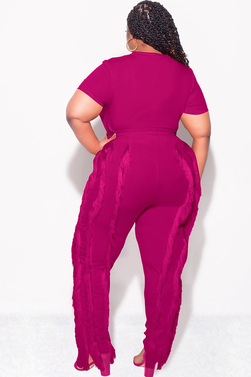 Final Sale Plus Size 2pc Tassel Pant Set in Berry Abrasion resistant