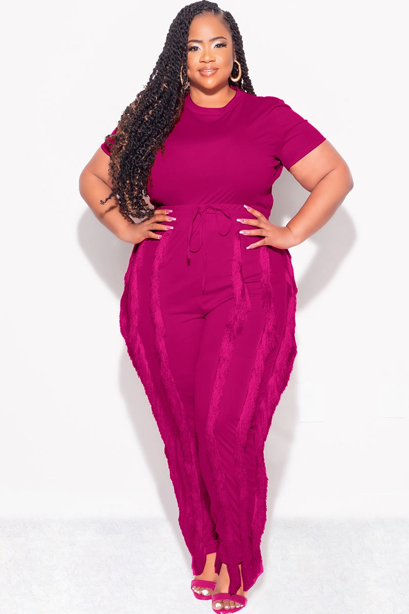 Final Sale Plus Size 2pc Tassel Pant Set in Berry clean look