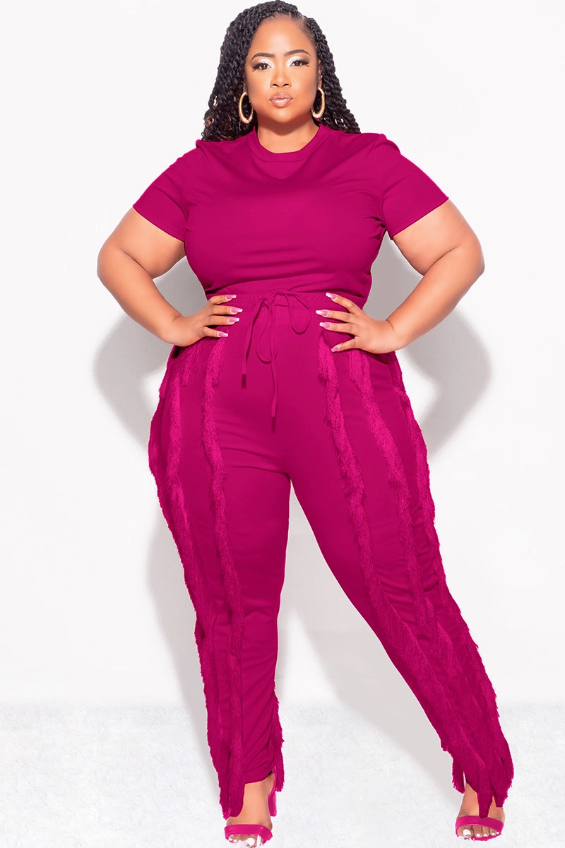Final Sale Plus Size 2pc Tassel Pant Set in Berry Fashionable Fit
